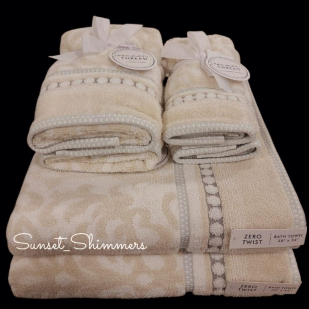 Common Thread 6pc Damask Bath Hand Tip Towel Set Tan Gray Zero Twist Cotton New